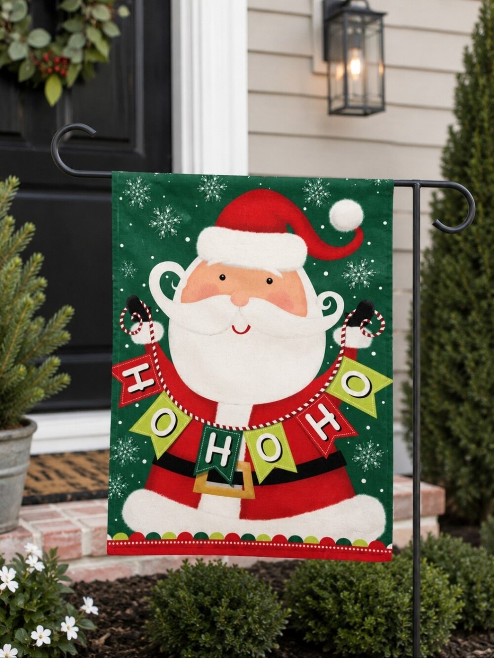 Holiday Santa Garden Flag - Green Red Santa 'HOHOHO'